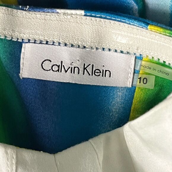 Calvin Klein Dress 10 Sleeveless Strapless Pleat Sundress White Blue Watercolor - Picture 5 of 6